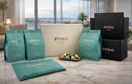 Cream gift box with Pono teal bags in a luxury packaging presentation